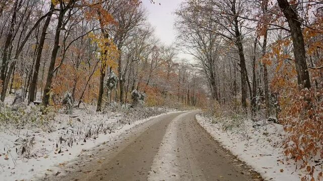 USA, New England, Vermont, 4x4 driving along old CCC (Civilian Conservation Corps) dirt road, running between North Shrewsbury and Route 100. Trees in late fall colors line the snowy road.
