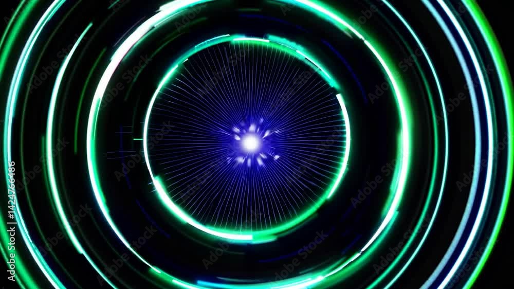 Poster concentric circles with green and blue neon light expand and contract, creating a mesmerizing visual