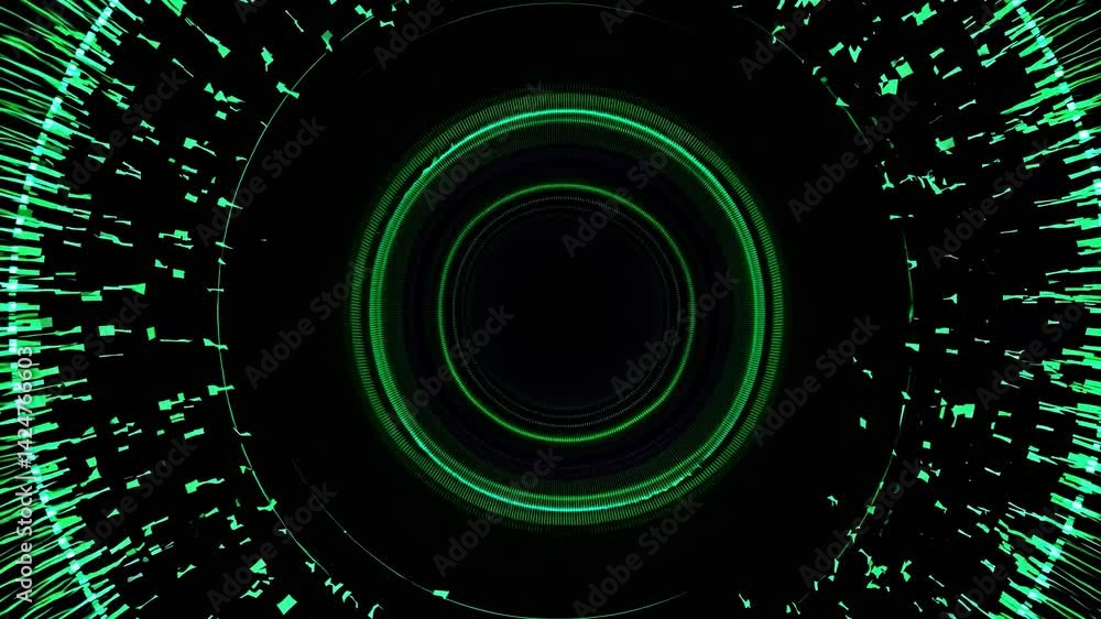 Poster dynamic green and blue concentric circles expanding, contracting, flowing with data streams against 