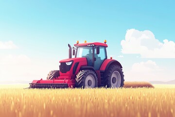 Fototapeta premium Red Tractor Harvesting in a Golden Wheat Field Under a Clear Blue Sky
