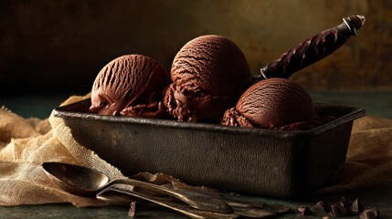 Rich, dark chocolate ice cream scoops in a vintage tin.