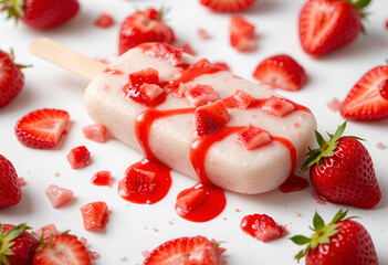 Vanila popsicle ice cream with strawberry sauce wooden stick isolated on transparent background.