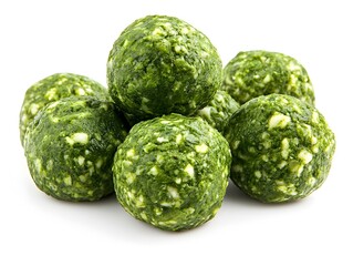 Fototapeta premium A close-up shot shows a pile of vibrant green spinach and cheese balls perfectly formed and ready to eat.