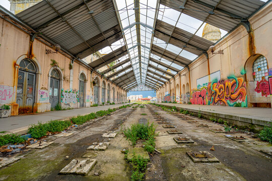 abandoned and vandalized railway station without roof in the city of Barreiro-Portugal.