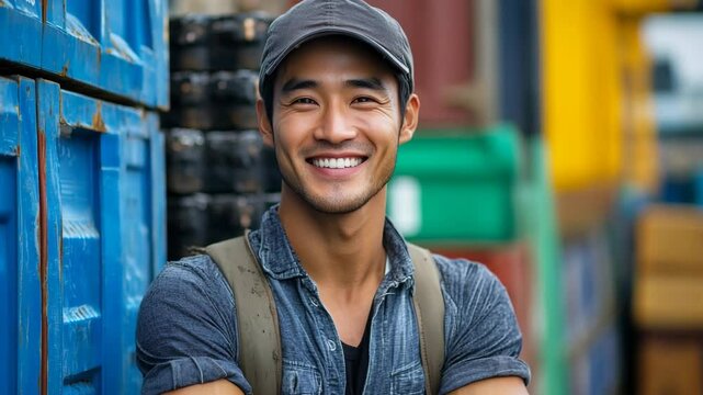 Cheerful Young Man with Confidence and Energy in Urban Environment, Smiling Portrait Against Vibrant Containers Background - Casual, Stylish, Multicultural Lifestyle