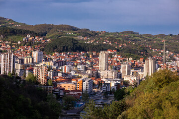 Užice, a town in Serbia on the banks of the Djetinja River, surrounded by mountains and rocks