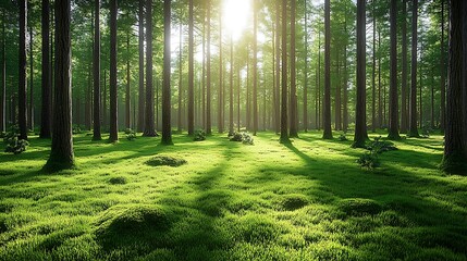 Obraz premium Sunlit forest floor, moss, tall trees