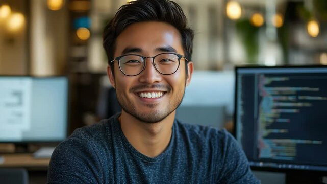 Smiling Programmer in Modern Office: Technology, Coding, and Team Spirit in a Bright Digital Workplace