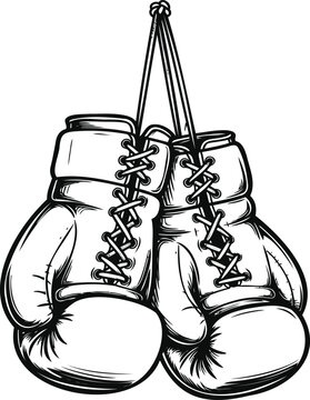 black and white vector illustration of a pair of classic boxing gloves hanging together by their laces