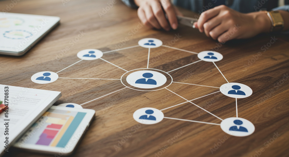 Poster strategic network building team collaboration visual on wooden table with documents soft lighting