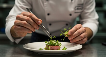 Close-up of a professional chef using tweezers to carefully place microgreens on a gourmet dish
