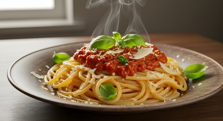 Close-up of a plate of spaghetti with rich tomato sauce
