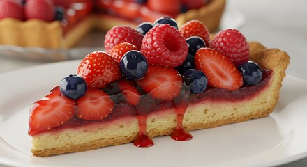 Extreme close-up of a slice of berry pie with mixed red fruits on top
