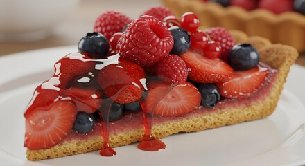 Extreme close-up of a slice of berry pie with mixed red fruits on top
