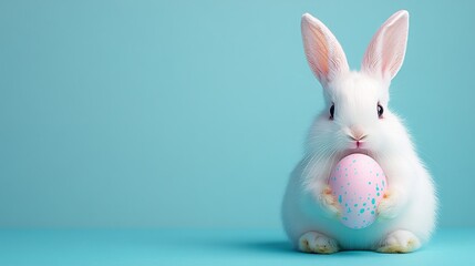 Obraz premium Adorable white bunny holding a pastel pink Easter egg