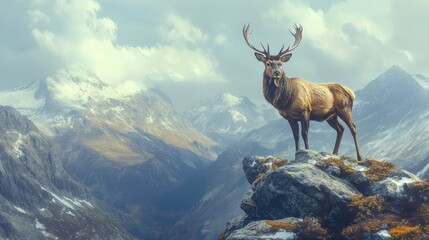 Majestic elk stands atop a mountain with a scenic background