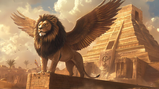 Babylonian lion with grand wings, standing in front of ziggurats and ancient gates, evoking the lost power and glory of the empire. Timeless Ziggurat. Illustration