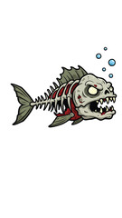 Create a cartoon vector illustration of a zombie piranha-like fish, depicted in a side profile, facing right. The style should be graphic and illustrative.