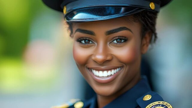 Empowered Police Officer Smiling Confidently: Celebrating Female Leadership and Community Engagement in Law Enforcement