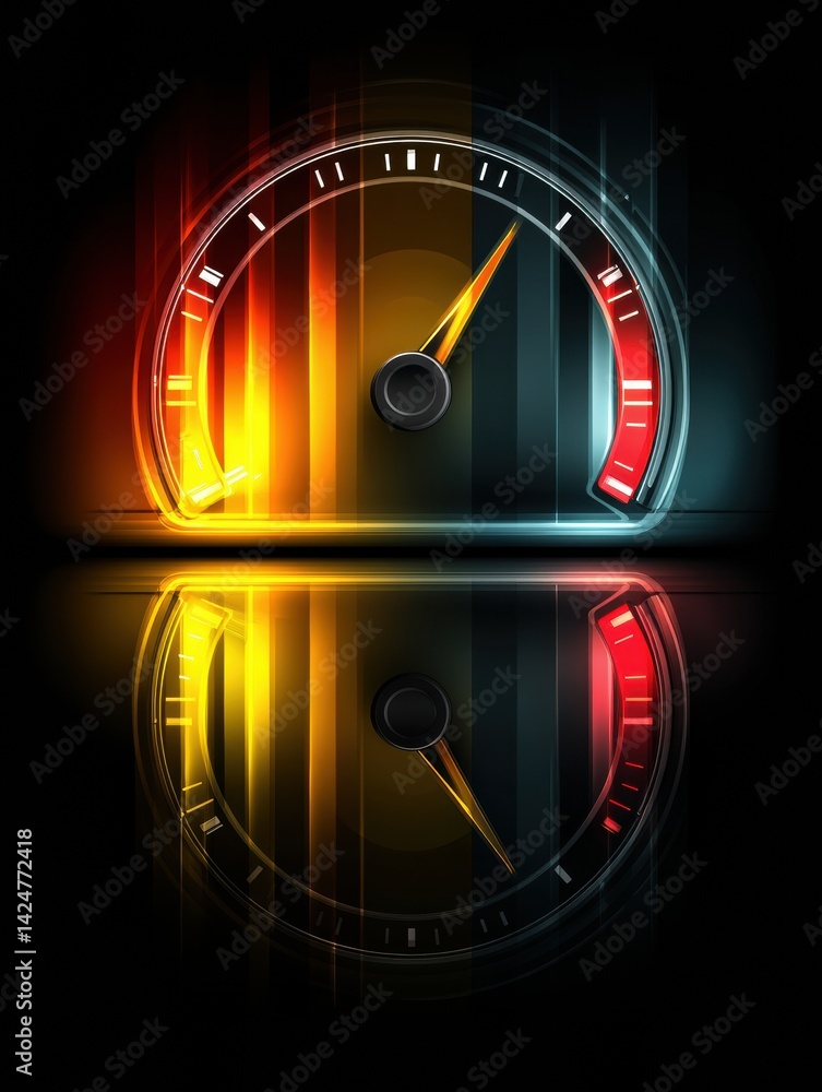 Poster fuel gauge design featuring glowing warning lights and dark energy tones with reflections on a smoot
