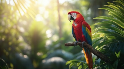 Obraz premium Scarlet Macaw Perched on Branch in Lush Rainforest Sunlight