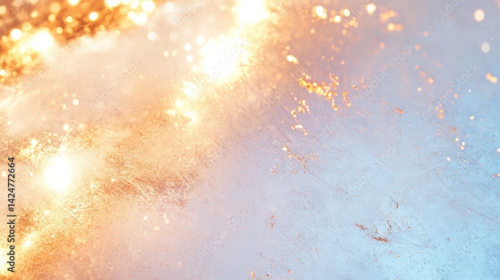 Poster shimmering golden and blue abstract background with light and texture
