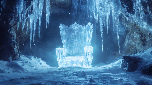 A mystical ice throne illuminated by ethereal light, surrounded by icicles and snow in a cavernous setting. Hollow Throne. Illustration