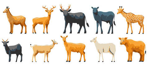 Fototapeta premium Stylized flat illustration of diverse herbivore animals in various poses and colors on a white background