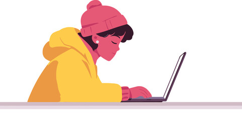Person working intently on laptop while wearing a beanie and yellow hoodie indoors during winter