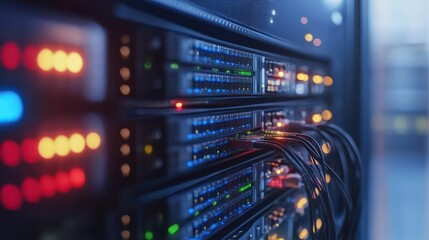 Closeup of Server Racks with Network Cables and Lights