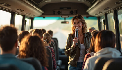 Tour guide speaking enthusiastically to audience on bus interior 