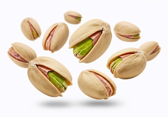 Roasted pistachios falling or flying against a white background.