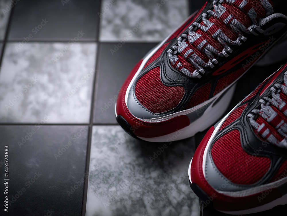 Poster stylish sneakers resting on a patterned floor captured in soft light during the afternoon