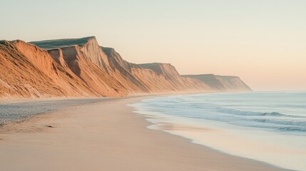 Serene sunrise coastal cliffs, sandy beach, ocean waves
