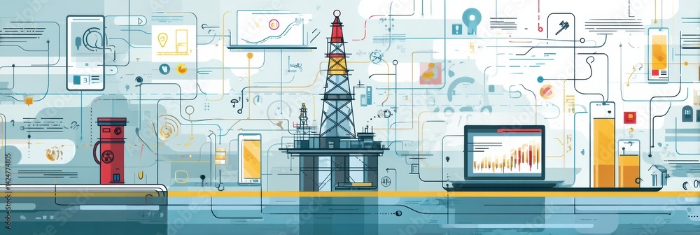 Poster digital design showcasing an oil rig integrated with modern user interface elements representing tec