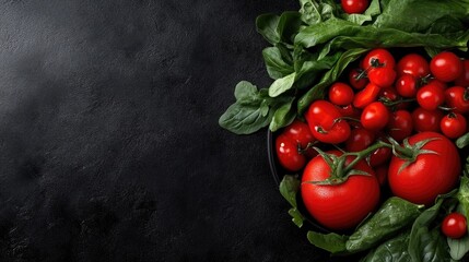 Fresh, vibrant tomatoes and spinach on dark surface