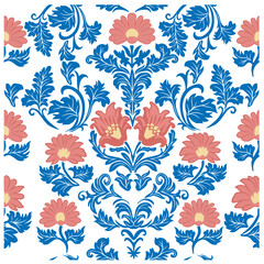 Seamless pattern of pink flowers with blue leaves like to Hungarian folk art motif style. Transparent background.