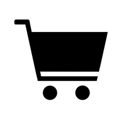 A simple black and white graphic representation of a shopping cart with two wheels and a handle