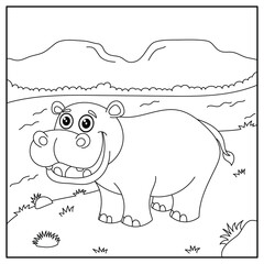 cute cartoon hippopotamus, funny illustration, coloring book for kids and children.