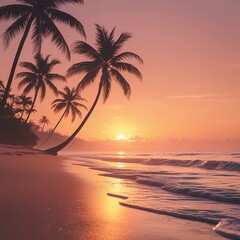 Tropical Sunrise Beach Scene with Palm Trees