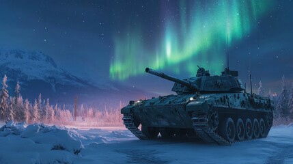 Military tank in a snowy landscape under a vibrant aurora borealis