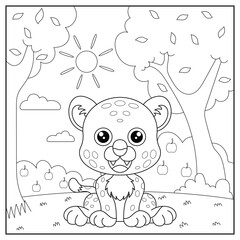 black and white cartoon leopard character (vector illustration), coloring book for children.