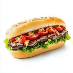 Juicy beef sandwich featuring tender slices between fresh bread, perfect for a hearty meal.