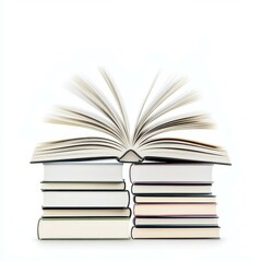 Fototapeta premium A neat stack of books with an open book at the top, perfect for showcasing knowledge and learning on a white backdrop.