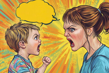 Child and parent argue with intense emotions in a colorful comic-style illustration