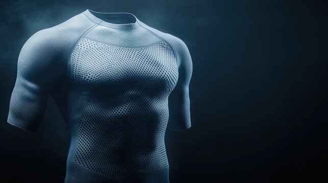 Light gray athletic shirt, close-up, on a dark background.  Detailed view of breathable, technical fabric