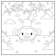 black and white cartoon monkey character (vector illustration), coloring book for children.