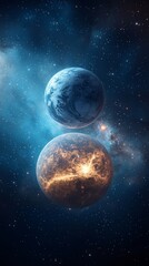 Two planets in a distant galaxy, one vibrant blue and the other fiery orange