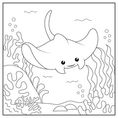 black and white cartoon manta character (vector illustration), coloring book for children.