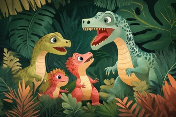 Colorful cartoon dinosaurs gather in a lush jungle setting while interacting playfully in the daytime